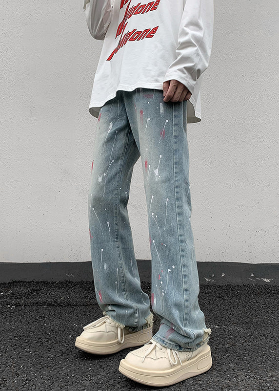 Blue Pockets Tie Dye Denim Straight Pants Fall