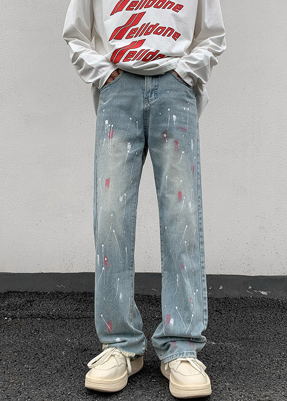 Blue Pockets Tie Dye Denim Straight Pants Fall