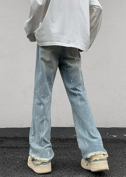 Blue Pockets Tie Dye Denim Straight Pants Fall