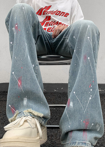 Blue Pockets Tie Dye Denim Straight Pants Fall