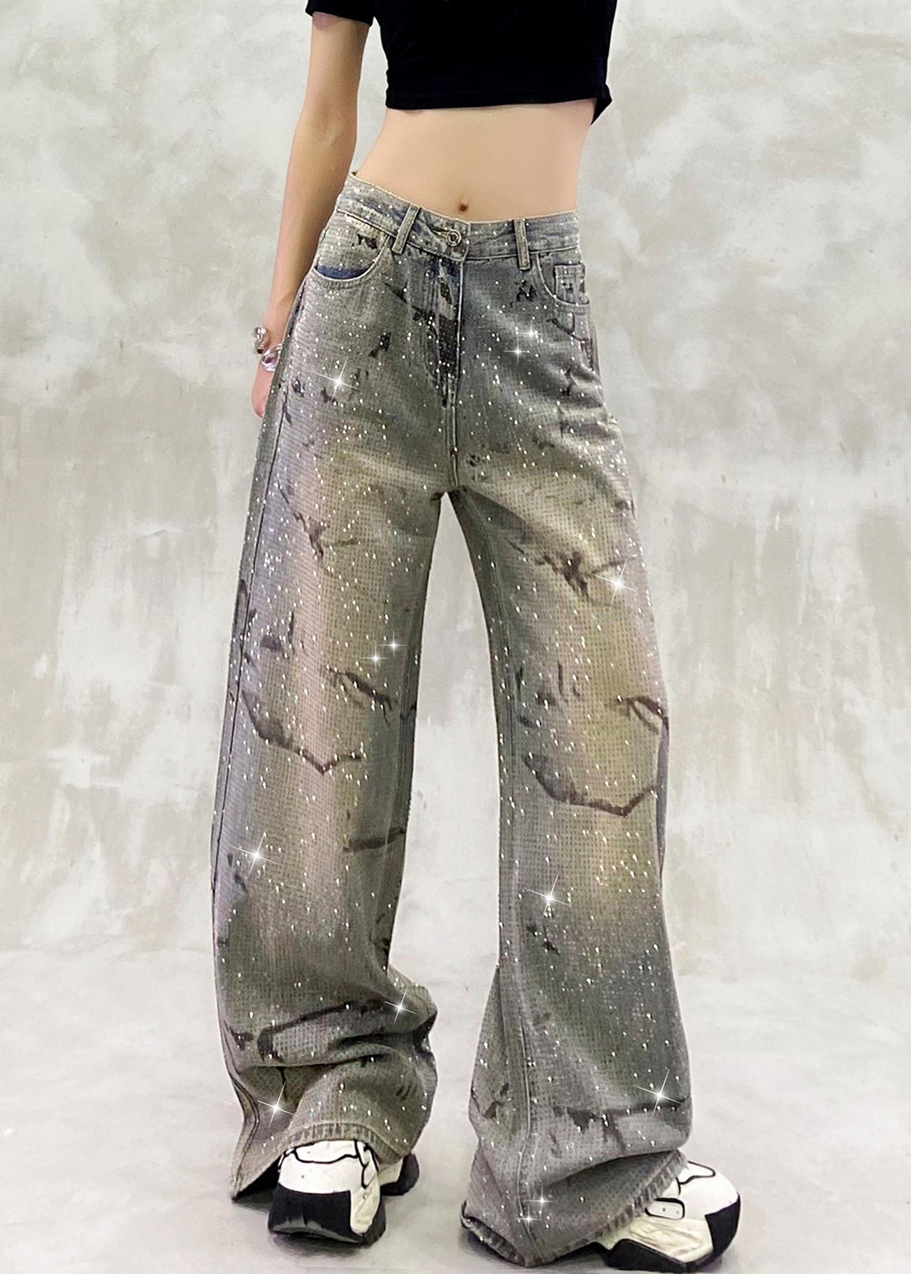 Blue Pockets Zircon High Waist Denim Pants Spring