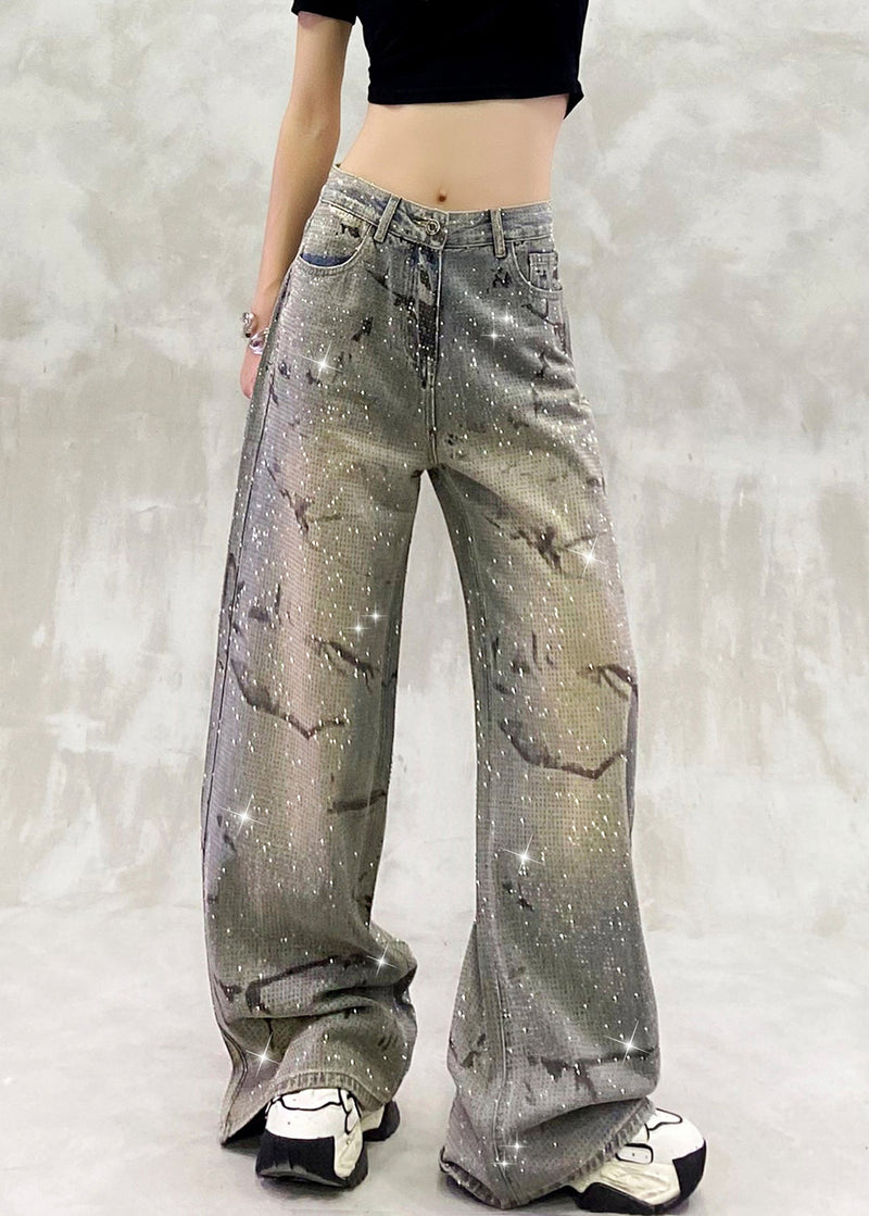 Blue Pockets Zircon High Waist Denim Pants Spring