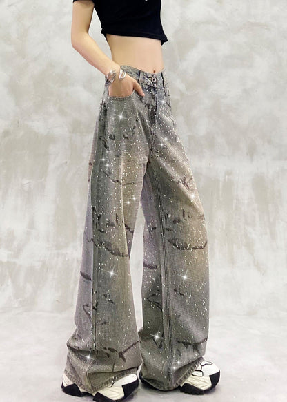 Blue Pockets Zircon High Waist Denim Pants Spring