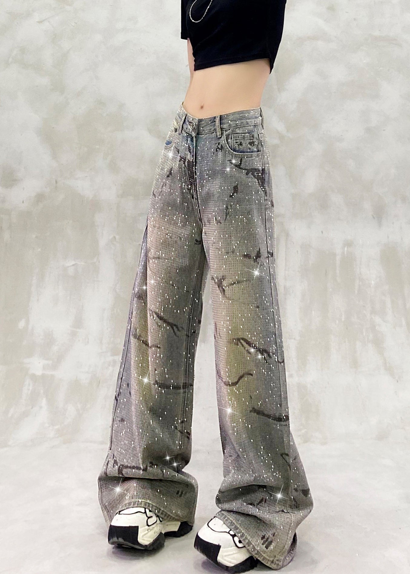 Blue Pockets Zircon High Waist Denim Pants Spring