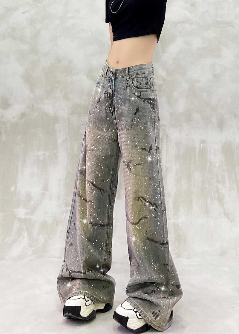 Blue Pockets Zircon High Waist Denim Pants Spring