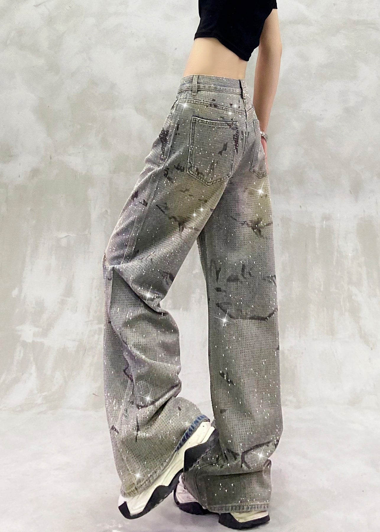 Blue Pockets Zircon High Waist Denim Pants Spring