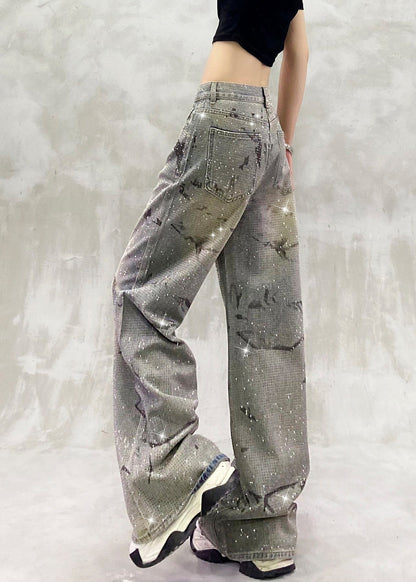 Blue Pockets Zircon High Waist Denim Pants Spring