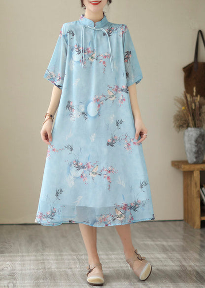 Blue Print Chiffon Long Dresses Summer