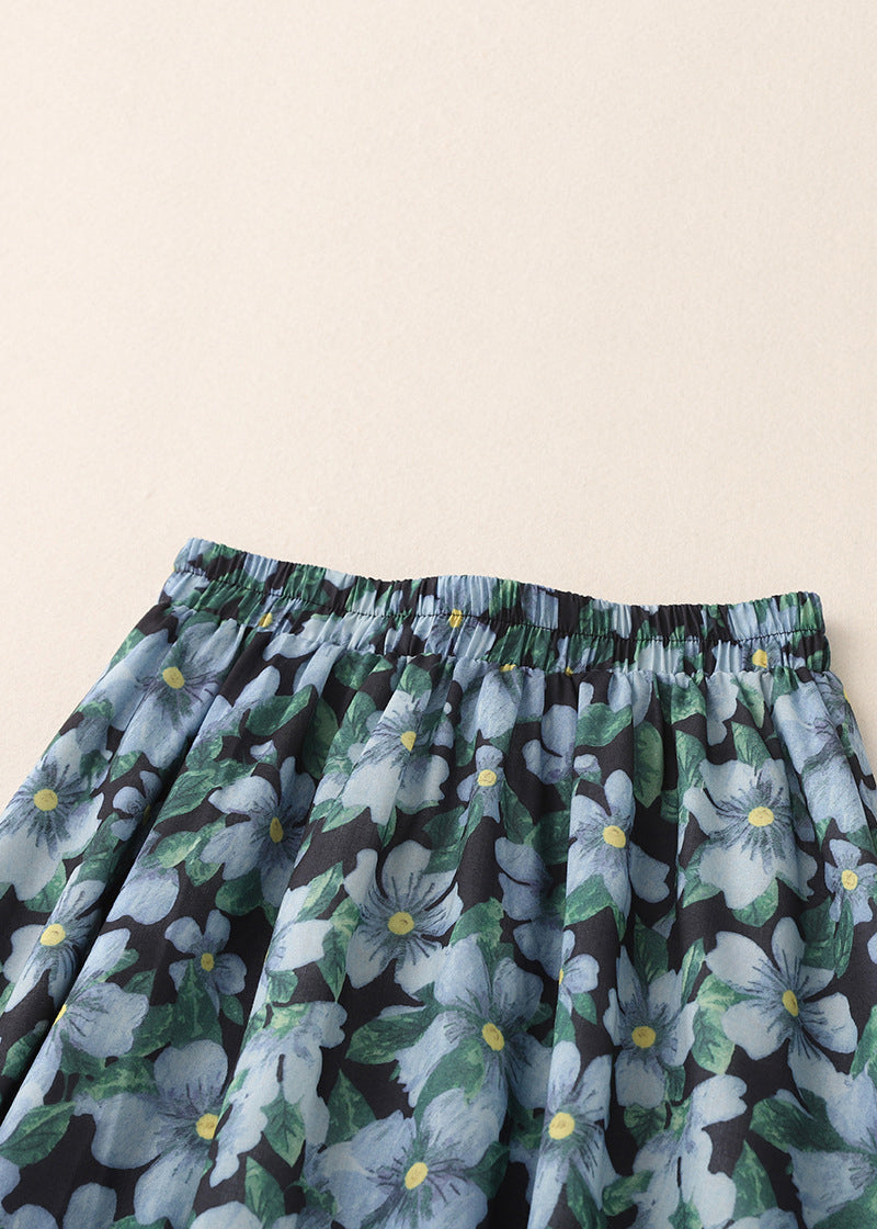 Blue Print Elastic Waist Cotton Skirts Summer