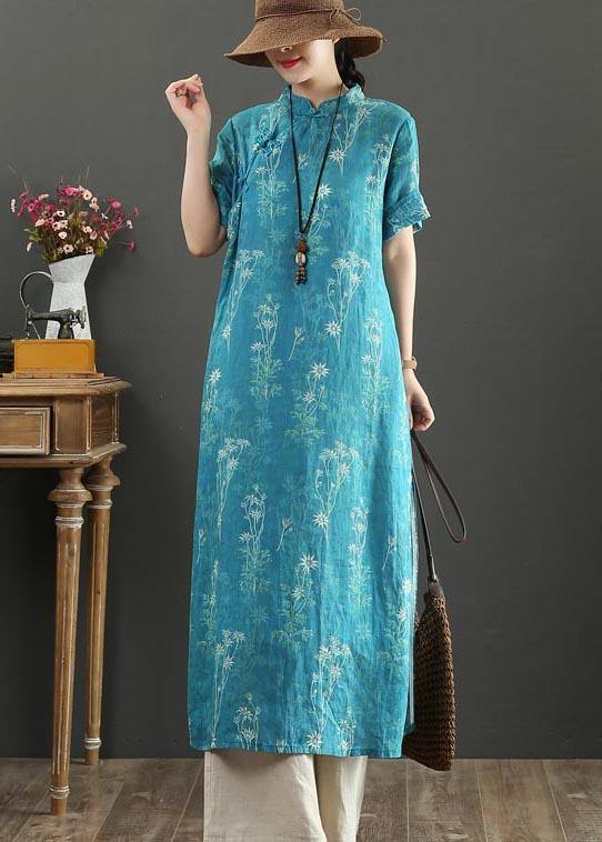 Blue Print Oriental Side Open Long Summer Linen Dress