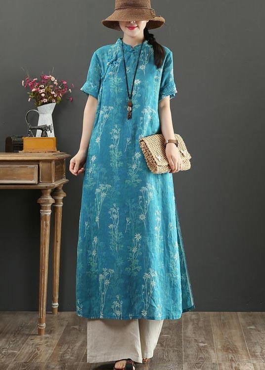 Blue Print Oriental Side Open Long Summer Linen Dress