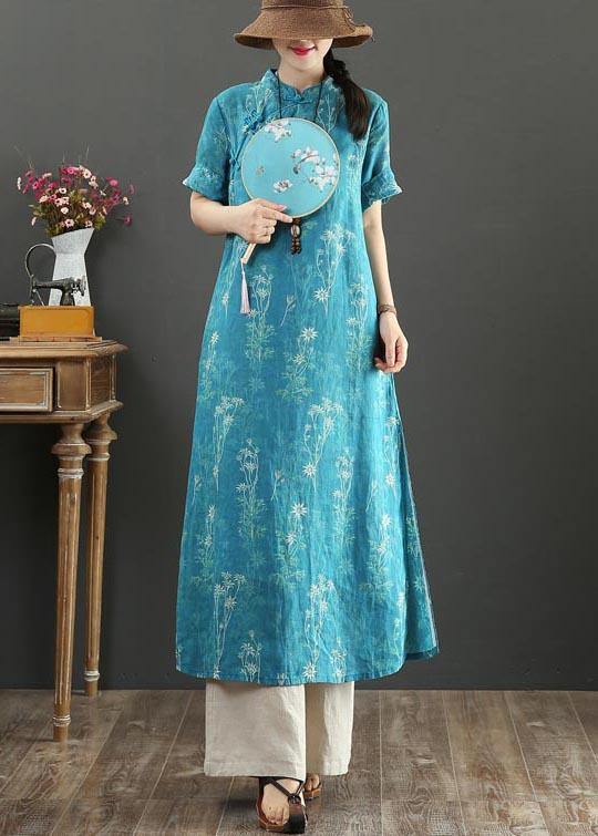 Blue Print Oriental Side Open Long Summer Linen Dress