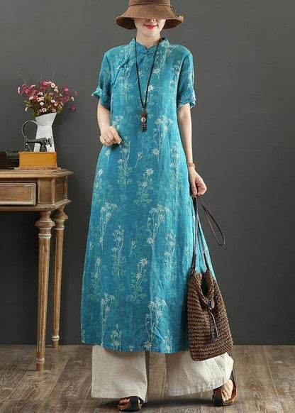Blue Print Oriental Side Open Long Summer Linen Dress