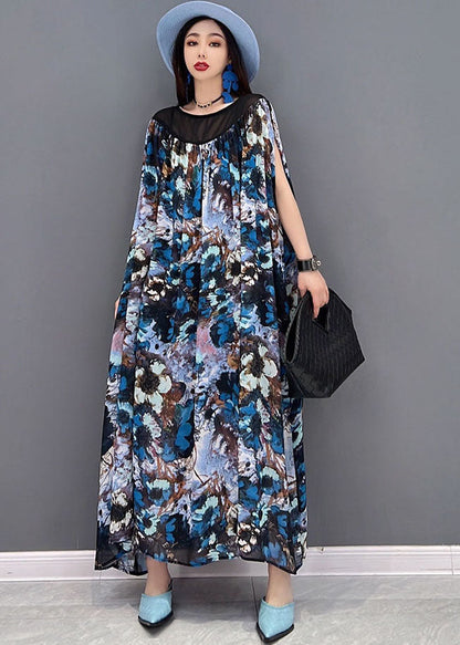 Blue Print Patchwork Draping Chiffon Long Dress Short Sleeve