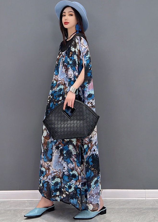 Blue Print Patchwork Draping Chiffon Long Dress Short Sleeve