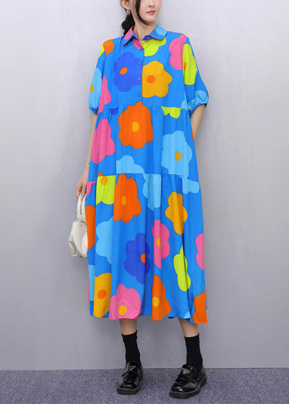 Blue Print Pockets Patchwork Cotton Blouses Dresses Half Sleeve
