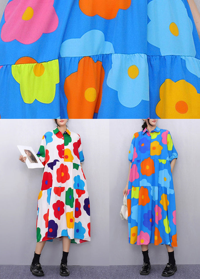 Blue Print Pockets Patchwork Cotton Blouses Dresses Half Sleeve