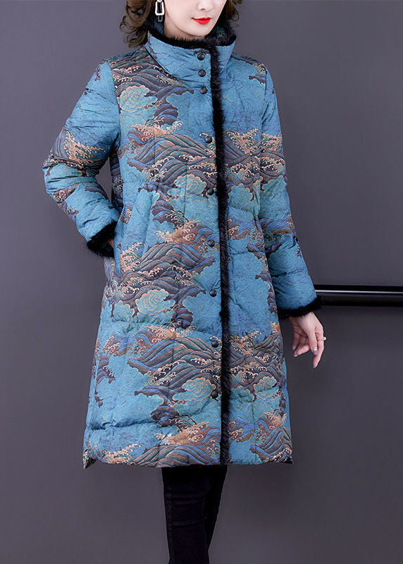 Blue Faux Fur Collar Print Fine Cotton Filled Puffer Coats Winter