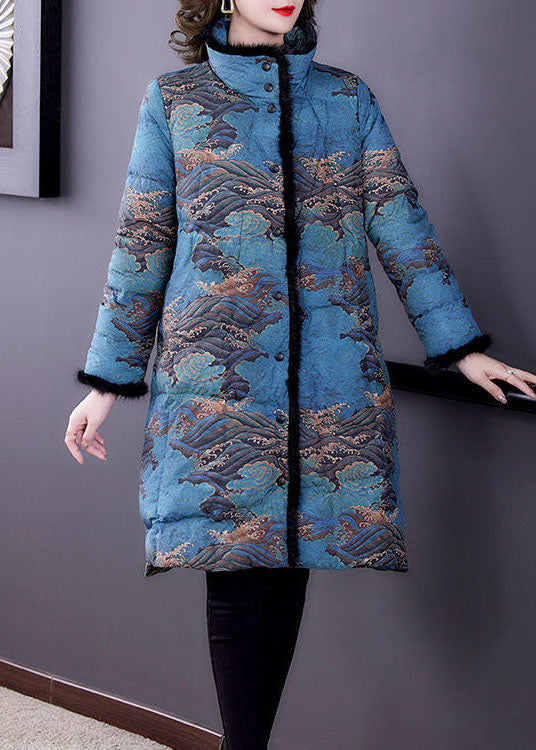 Blue Faux Fur Collar Print Fine Cotton Filled Puffer Coats Winter