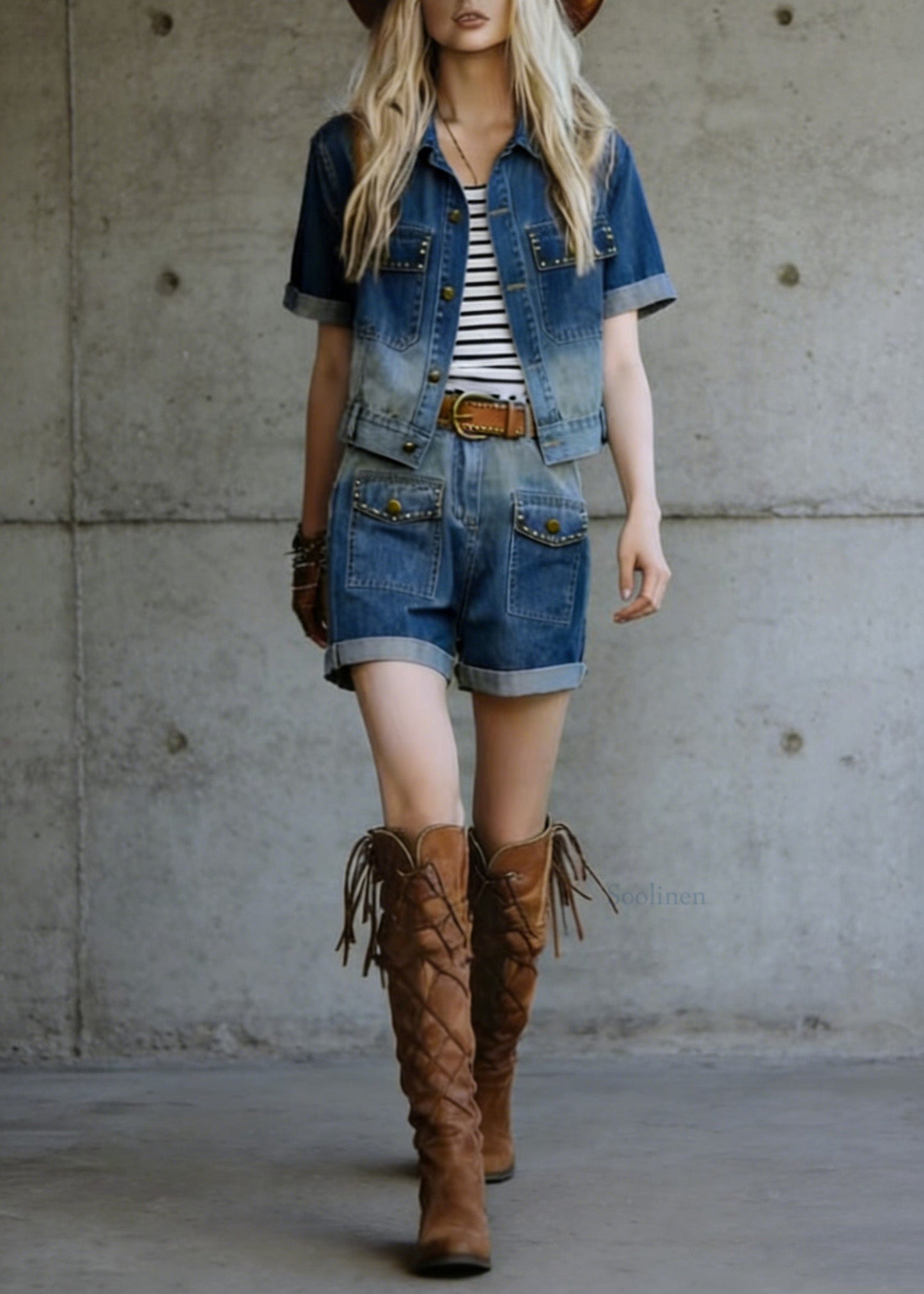 Blue Rivet Top and Shorts Denim Two Piece Suit Set Summer