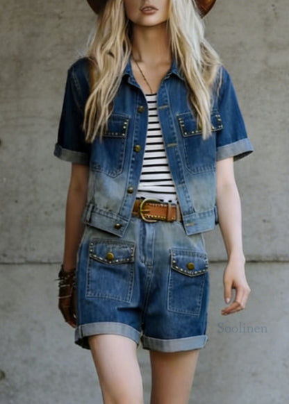 Blue Rivet Top and Shorts Denim Two Piece Suit Set Summer