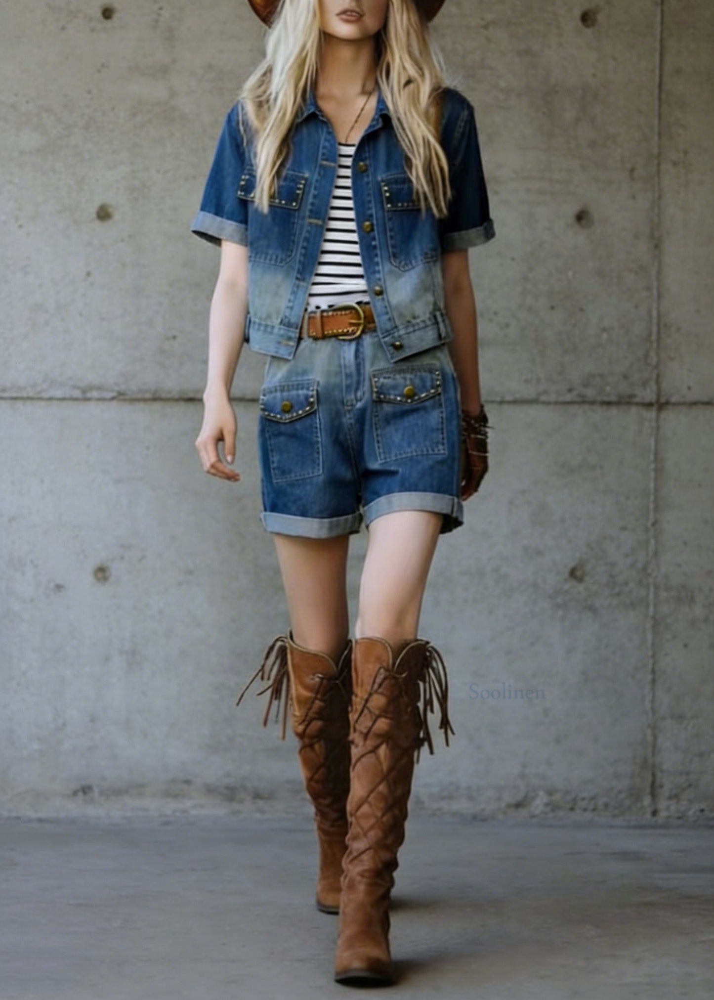 Blue Rivet Top and Shorts Denim Two Piece Suit Set Summer
