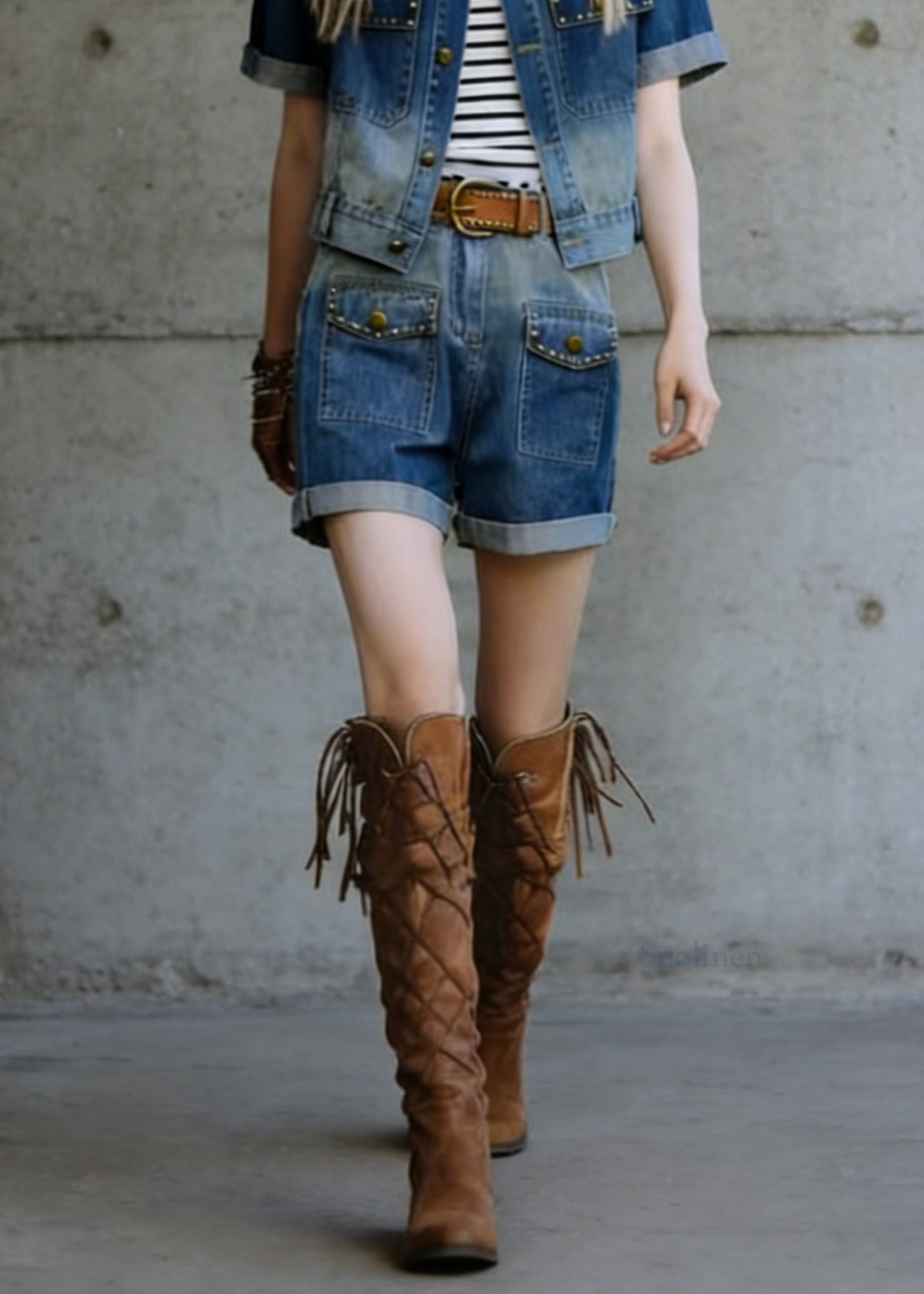 Blue Rivet Top and Shorts Denim Two Piece Suit Set Summer