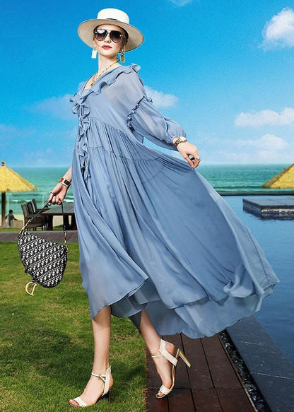 Blue Ruffled Asymmetrical Patchwork Silk Vacation Dresses Summer