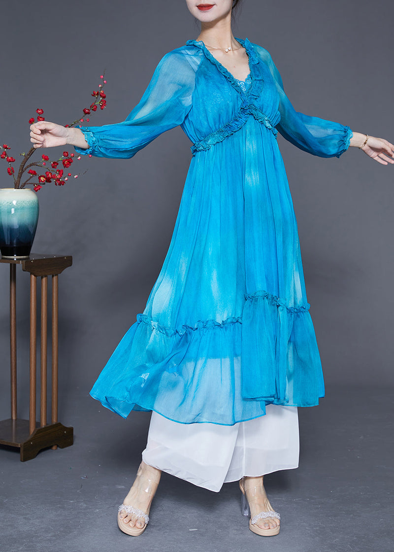 Blue Ruffled Exra Large Hem Silk Vacation Dresses Summer