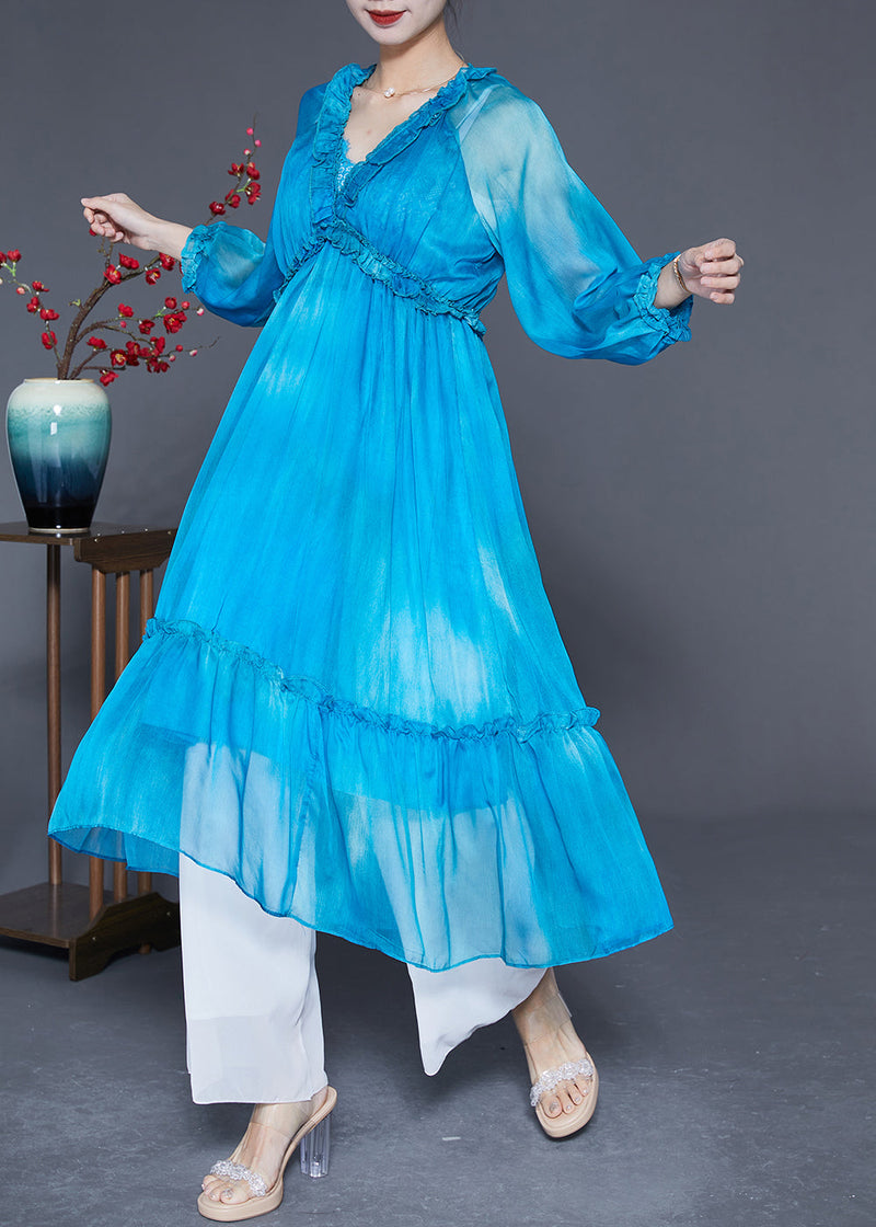 Blue Ruffled Exra Large Hem Silk Vacation Dresses Summer