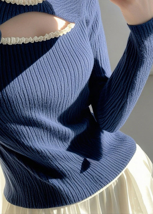 Blue Ruffled Hollow Out Knit Sweater Spring