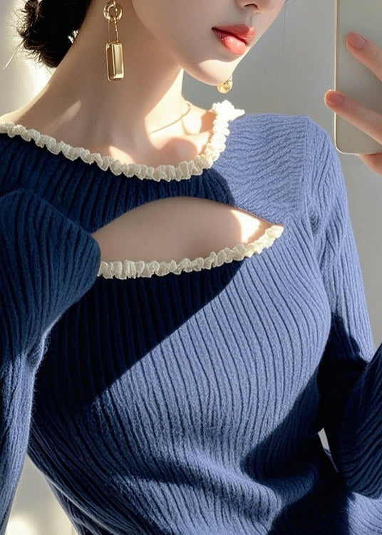 Blue Ruffled Hollow Out Knit Sweater Spring