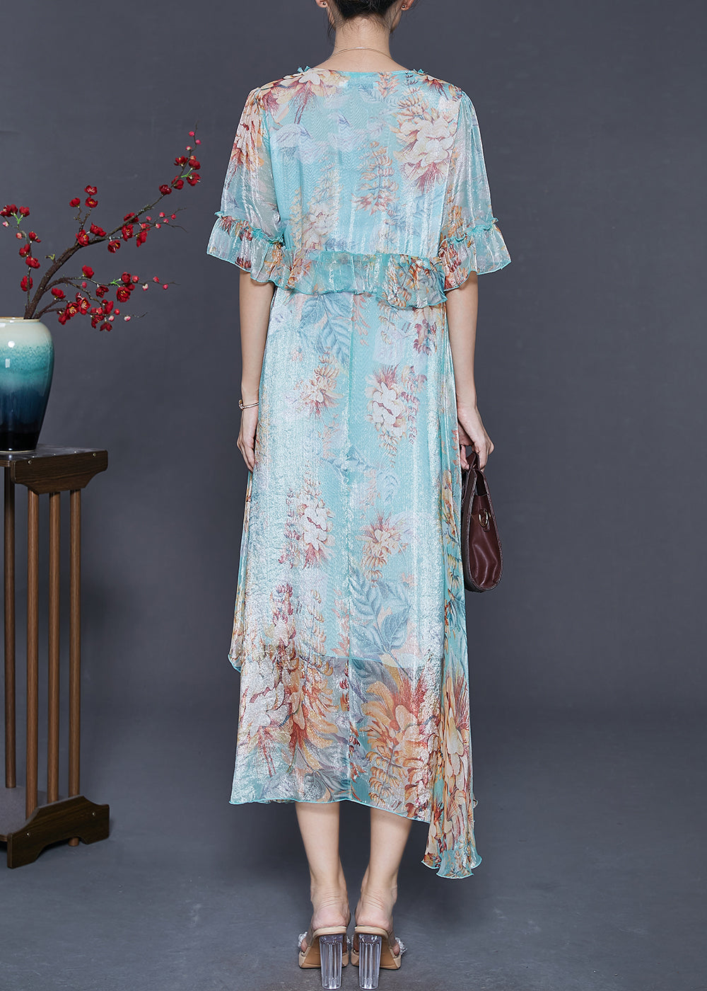 Blue Ruffled Print Silk Ankle Dress Summer
