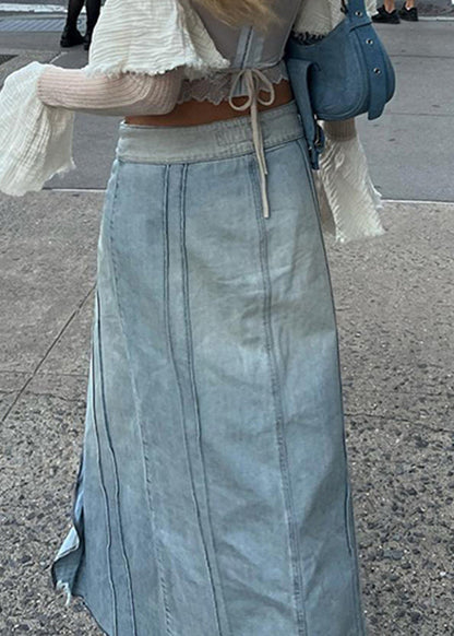 Blue Ruffled Side Open Patchwork Denim Skirts Summer