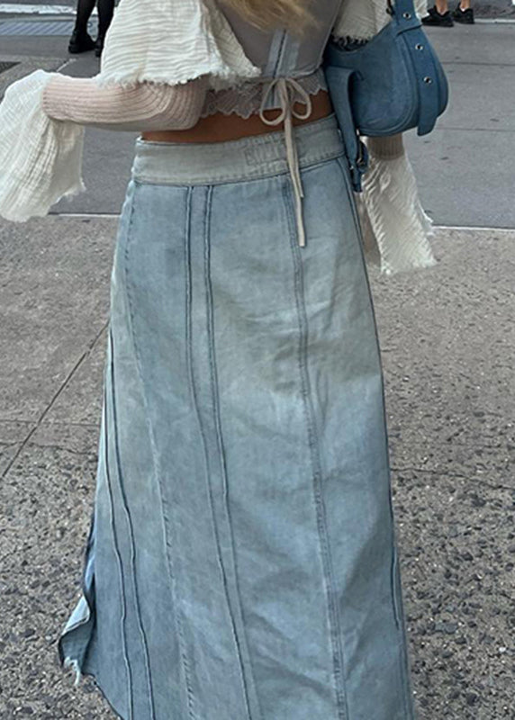 Blue Ruffled Side Open Patchwork Denim Skirts Summer