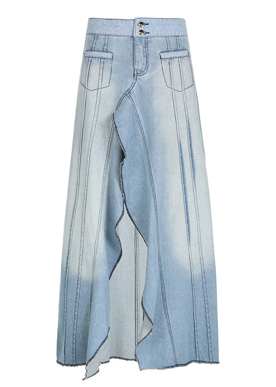 Blue Ruffled Side Open Patchwork Denim Skirts Summer