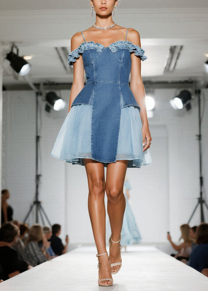 Blue Ruffled Tulle Patchwork Denim Dress Summer