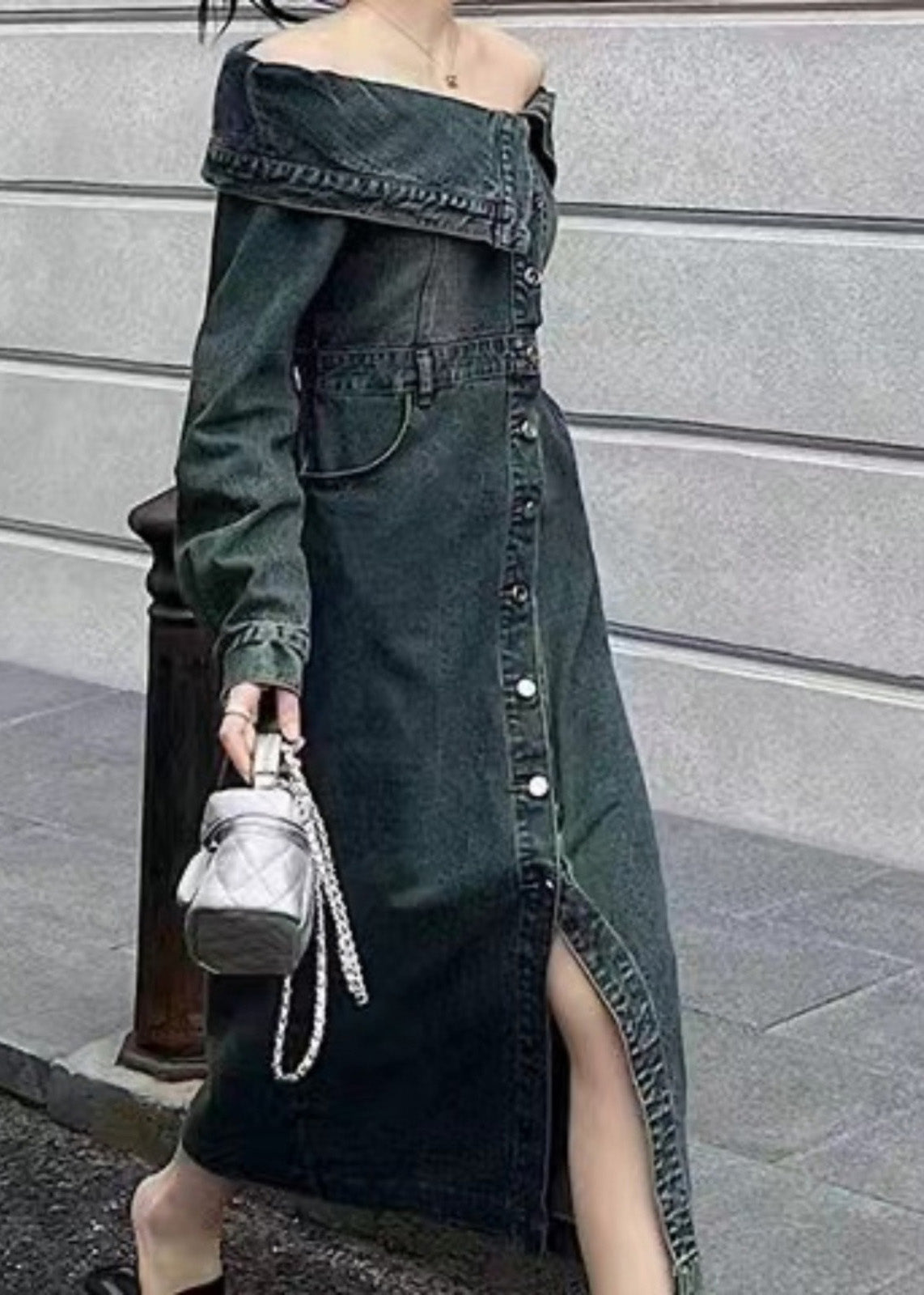 Blue Slash Neck Patchwork Side Open Denim Long Dresse Puff Sleeve