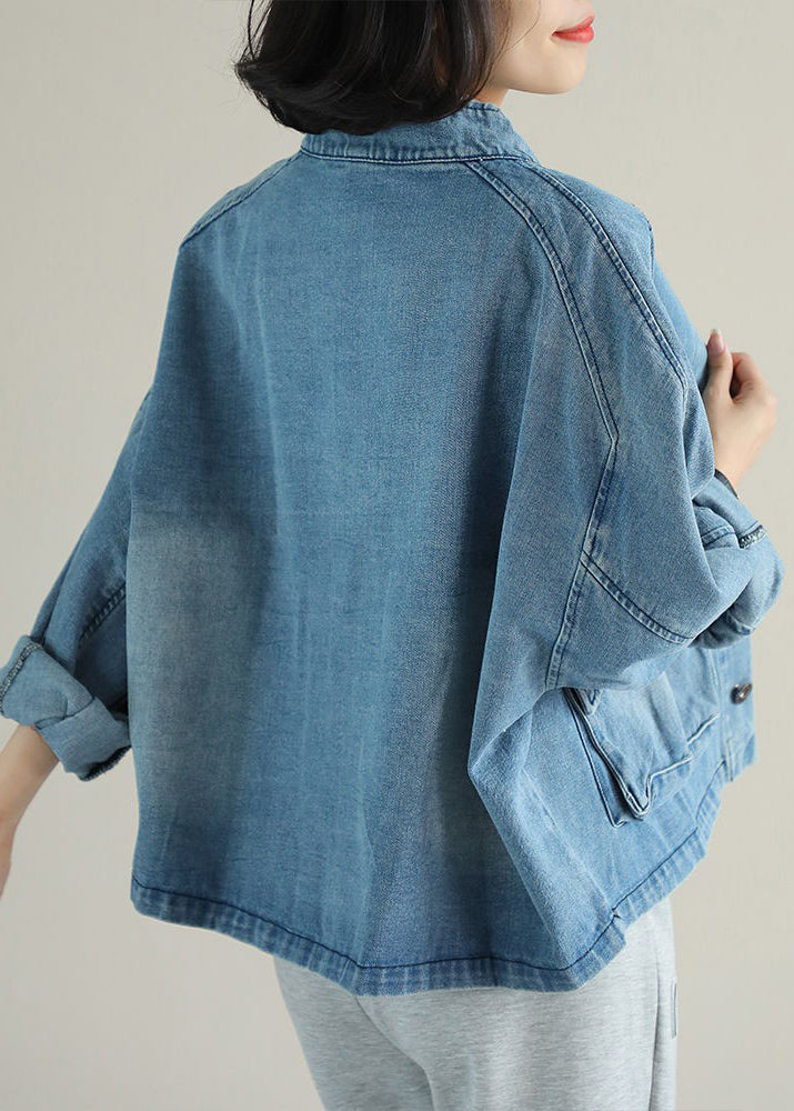 Blue Stand Collar Button Big Pockets Denim Coat Long Sleeve
