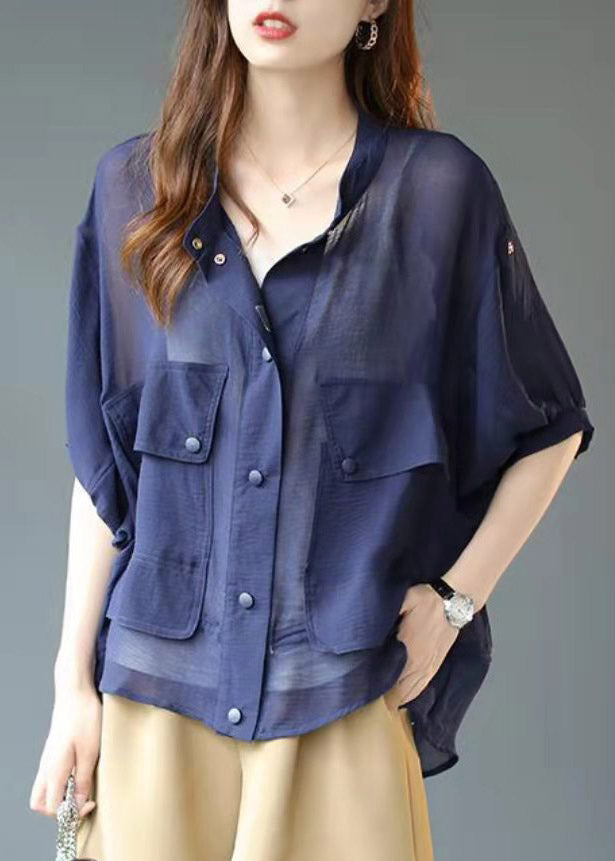Blue Stand Collar Pockets Button Chiffon Upf 50+ Coats Lantern Sleeve