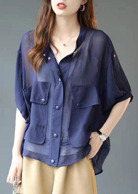 Blue Stand Collar Pockets Button Chiffon Upf 50+ Coats Lantern Sleeve