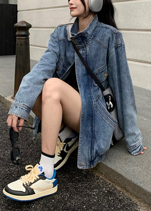 Blue Stand Collar Zip Up Pockets Denim Coat Spring