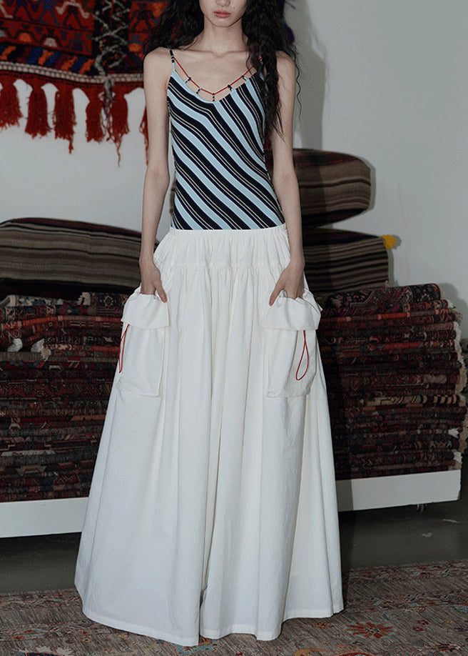 Blue Striped Patchwork Cotton Fake Two Piece Dresses Summer