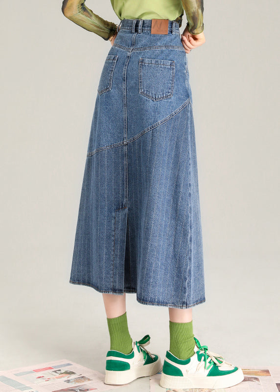 Blue Striped Patchwork Denim a Line Skirt Spring
