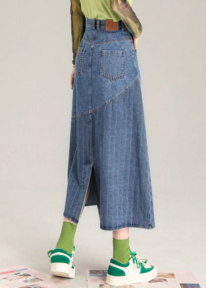 Blue Striped Patchwork Denim a Line Skirt Spring