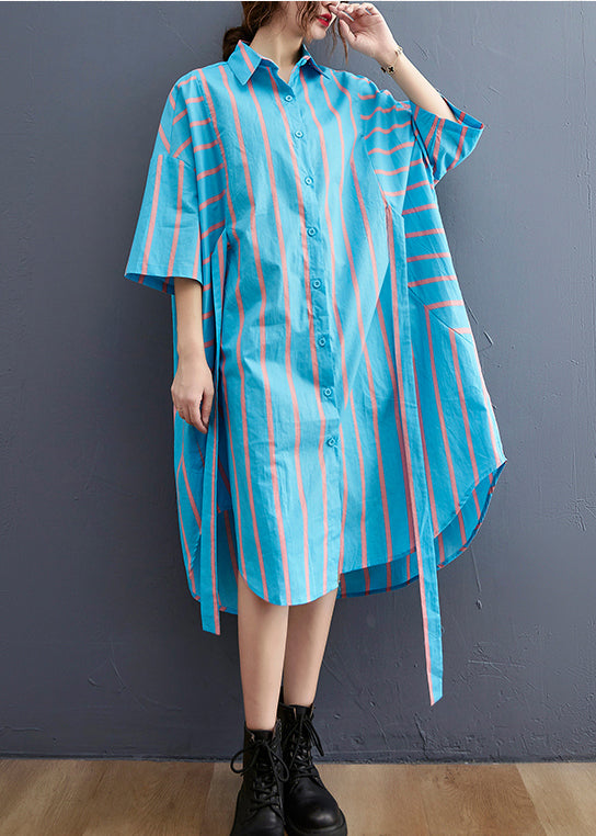 Blue Striped Peter Pan Collar Button Tie Waist Shirt Dress Half Sleeve