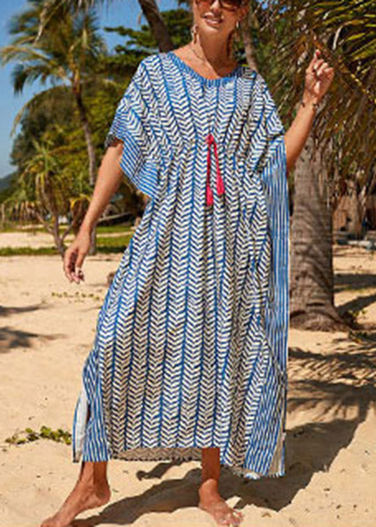 Blue Striped Print Drawstring Long Holiday Dress Summer