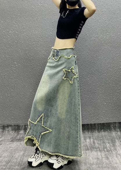Blue Tasseled Nail Bead High Waist Denim Skirts Spring