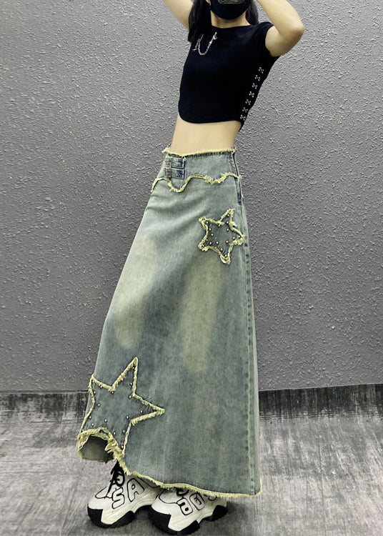 Blue Tasseled Nail Bead High Waist Denim Skirts Spring