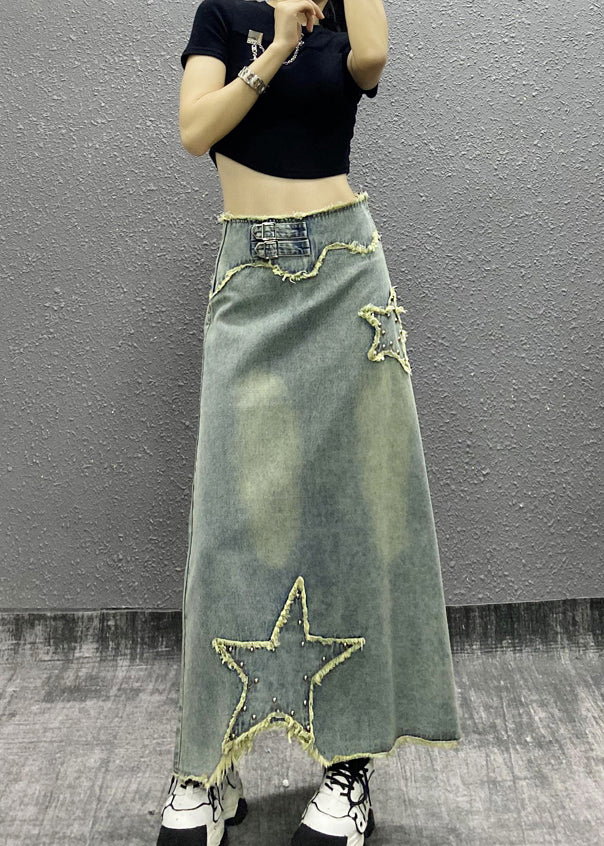 Blue Tasseled Nail Bead High Waist Denim Skirts Spring